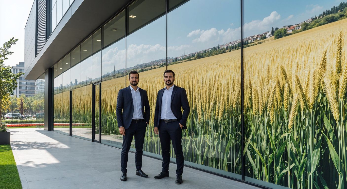 A modern Turkish corporate office with a sleek glass facade, where two well-dressed businessmen in suits—one resembling a former deputy and the other a chairman—stand confidently near a wheat field mural, symbolizing the flour industry.