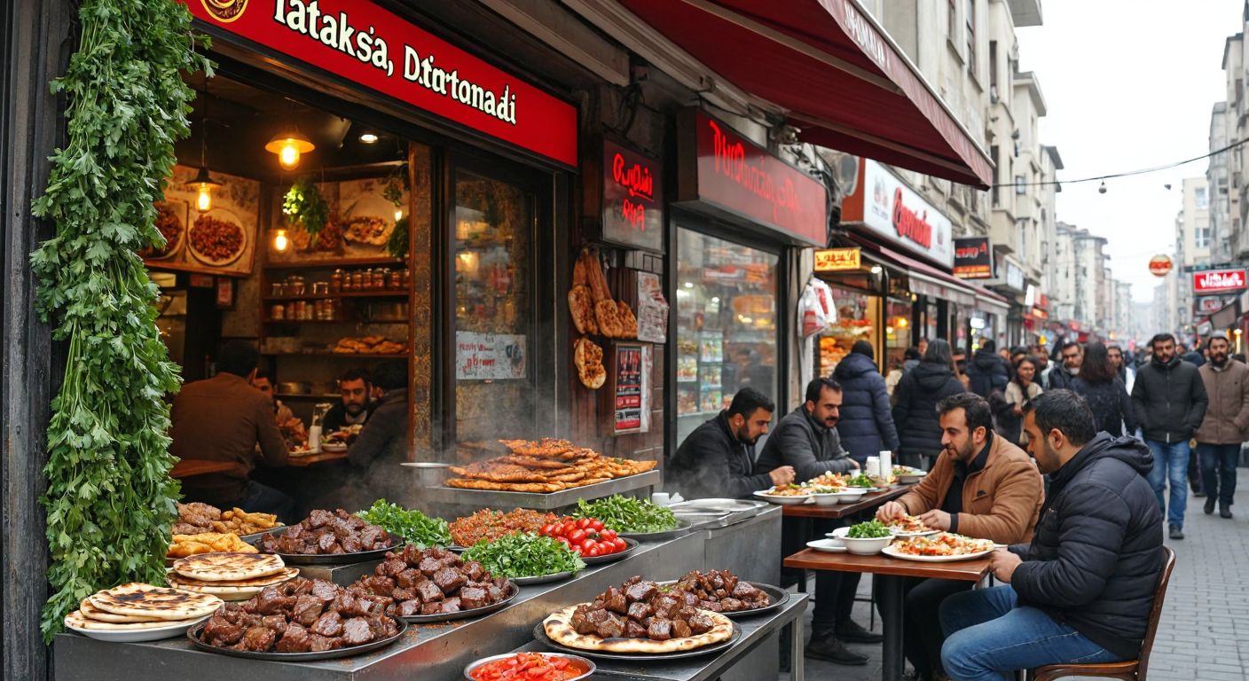 A bustling Turkish street scene with two distinct restaurant storefronts—one in Istanbul's Beylikdüzü and another in Diyarbakır—each featuring sizzling plates of golden-brown fried liver (ciğer) served with fresh herbs and flatbread, surrounded by eager locals enjoying the meal.