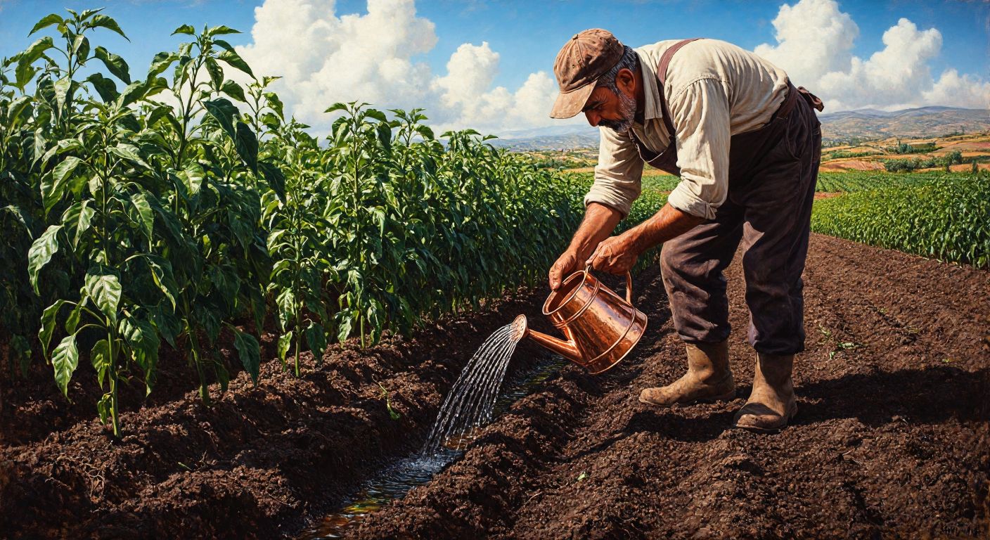 A Turkish farmer in a sunlit field gently waters vibrant green pepper plants with a copper watering can, while checking the moist, dark soil with their other hand.