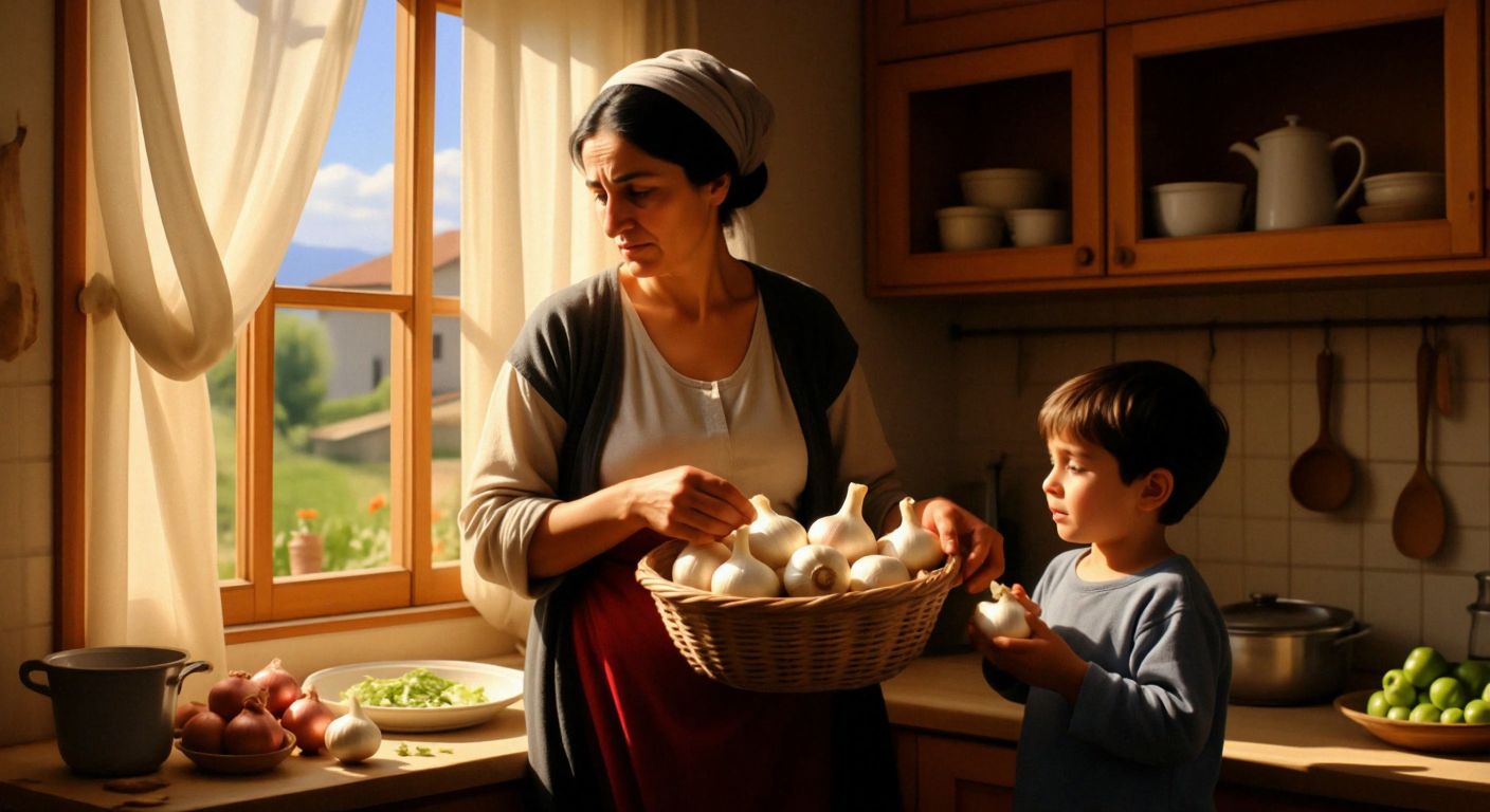 A Turkish mother with a weary expression stands in a sunlit kitchen, holding a basket of garlic and onions, while her young son eagerly munches on a raw garlic clove nearby.