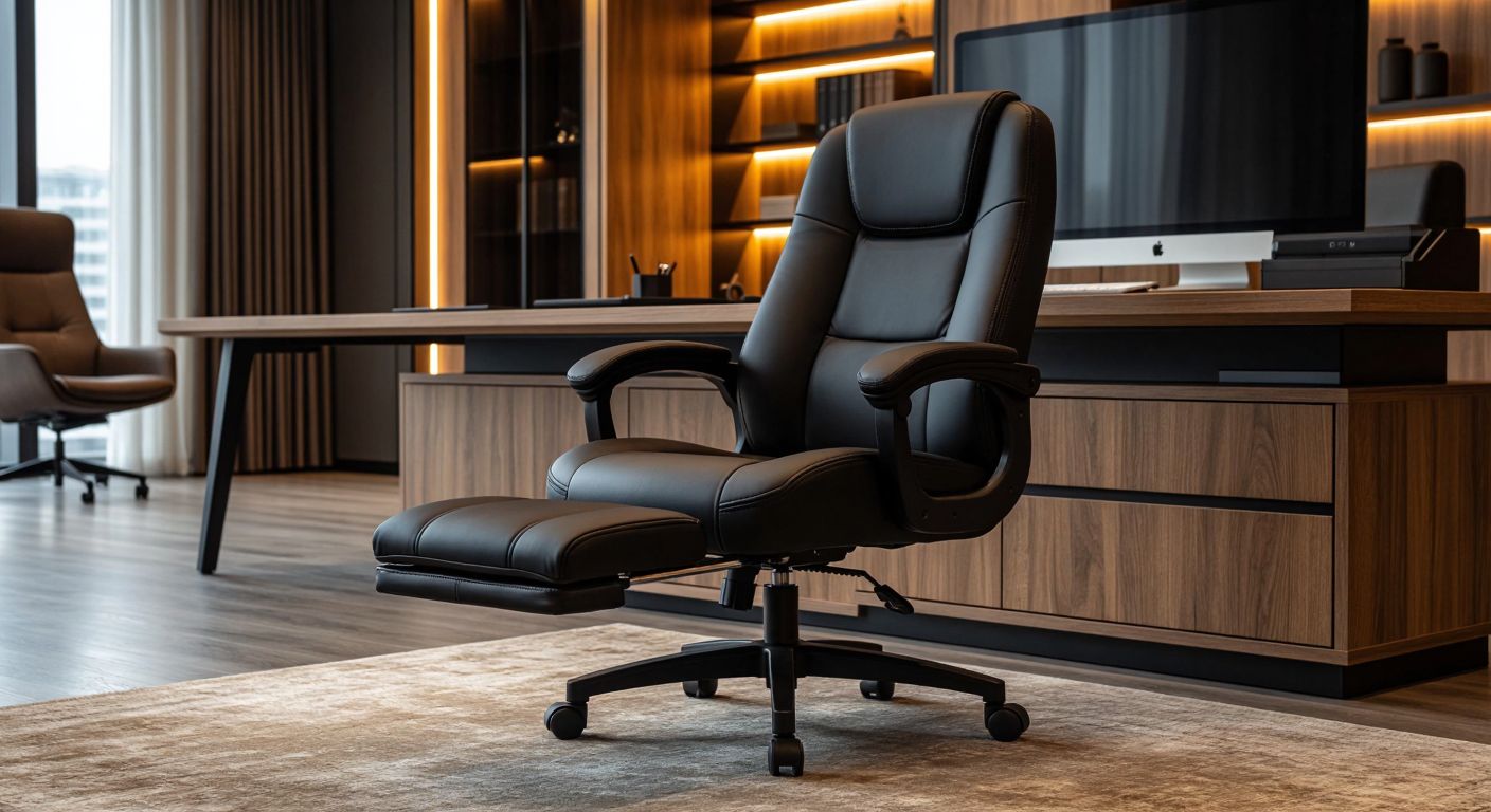 A sturdy black office chair with an extendable footrest sits in a modern Turkish workspace, surrounded by sleek wooden furniture and warm lighting, conveying durability and comfort.