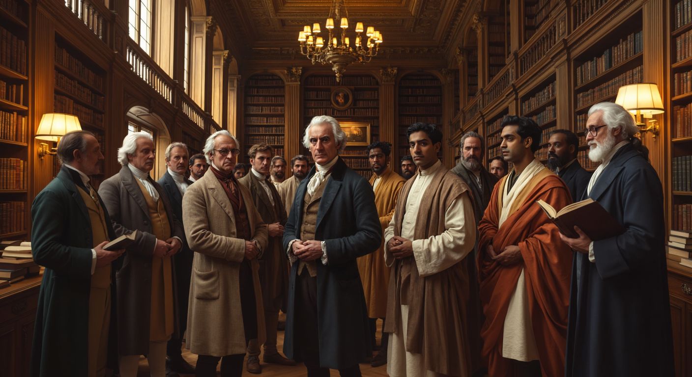 A group of diverse philosophers, including a stern Immanuel Kant in 18th-century attire, a thoughtful Bertrand Russell in a tweed jacket, a contemplative Jiddu Krishnamurti in simple robes, and a focused Karl Popper with glasses, standing in a grand library with towering bookshelves and warm lamplight.