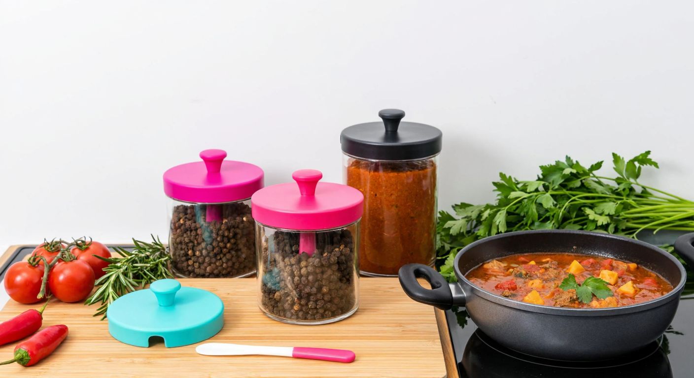 A vibrant Turkish kitchen counter displays a variety of colorful spice containers with attached spoons, including a sleek anthracite crystal jar, a pink plastic divider, and a borosilicate set, all neatly arranged near fresh herbs and a simmering pot of traditional stew.