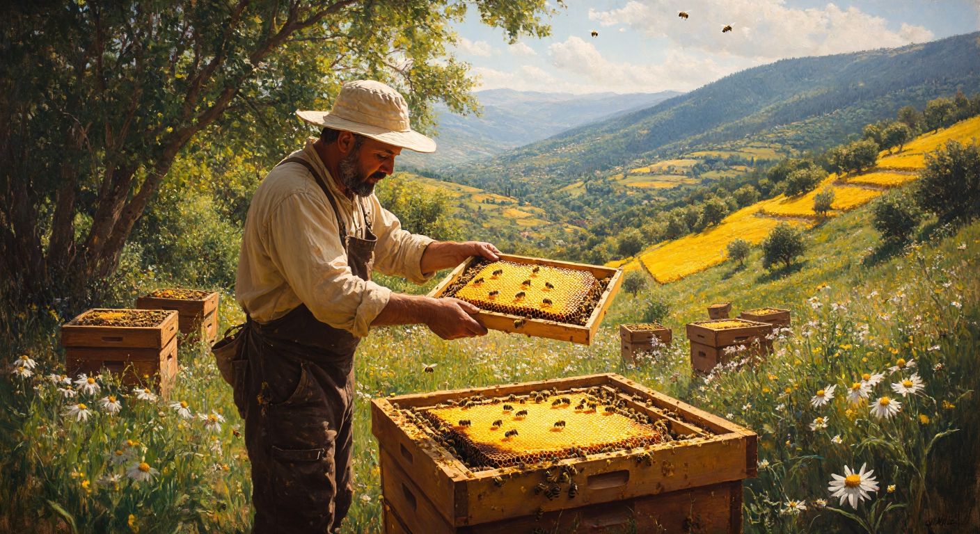 A beekeeper in a sunlit Turkish apiary gently lifts a honeycomb frame, surrounded by buzzing bees and golden hives, with a lush green valley in the background.