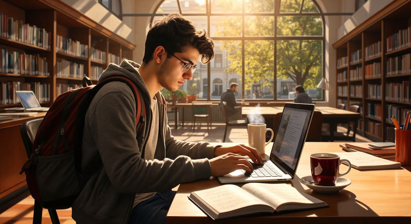 A young Turkish student with a backpack sits at a wooden desk in a sunlit university library, typing on a laptop with a focused expression, while a steaming cup of Turkish tea rests beside a notebook filled with handwritten notes.
