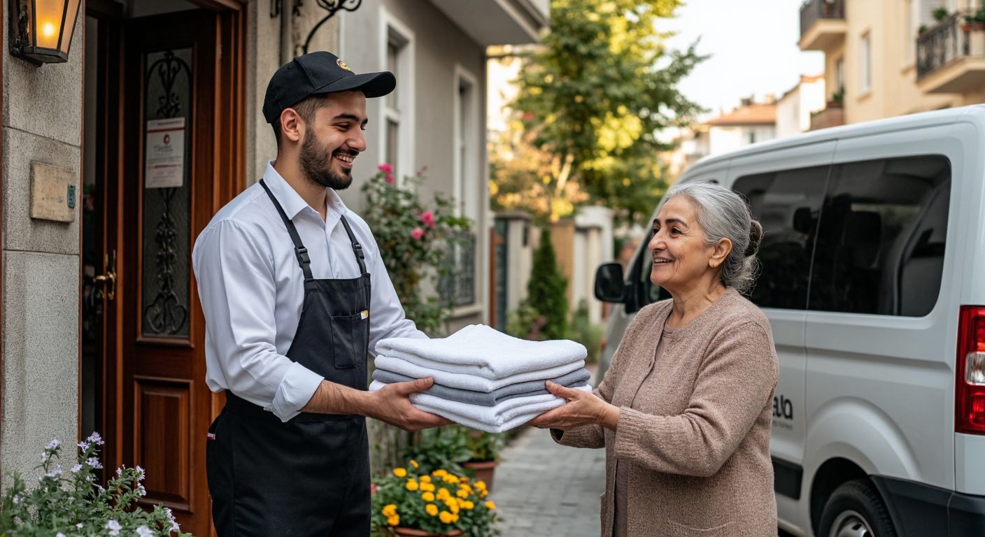 A smiling delivery worker in a crisp uniform hands a neatly folded stack of clean clothes to a relieved elderly woman at her doorstep in a sunny Istanbul neighborhood, with a branded dry-cleaning van parked nearby.