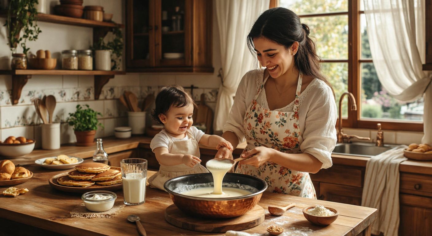 A warm Turkish kitchen with a wooden countertop holding a mixing bowl of pancake batter, a small glass of fresh cow's milk, and a spoonful of creamy yogurt, while a smiling mother in a floral apron gently holds her giggling baby nearby.