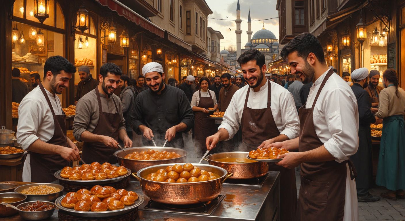 A bustling Turkish street scene with a group of smiling people in traditional aprons frying golden lokma in a large copper pot, while others carefully arrange the syrup-drenched pastries on trays near a mosque entrance, surrounded by the warm glow of lanterns.