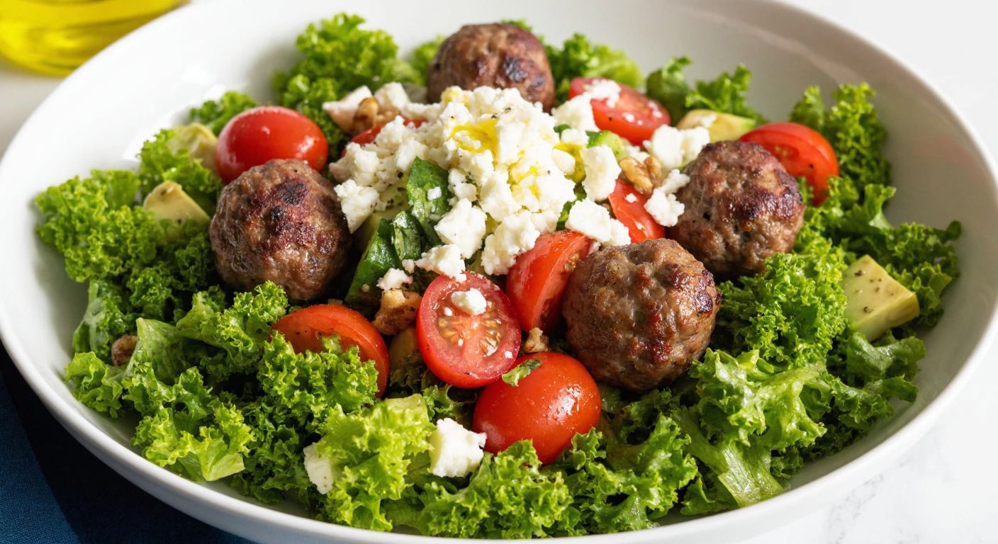 A vibrant Turkish salad bowl filled with chopped curly lettuce, cherry tomatoes, and walnuts, topped with sizzling grilled meatballs and crumbled white cheese, drizzled with olive oil.