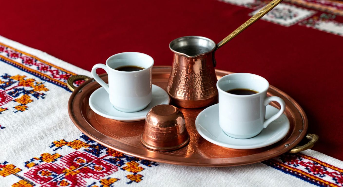 A beautifully arranged Turkish coffee set with two small porcelain cups and a matching cezve on a copper tray, placed on a traditional embroidered tablecloth.