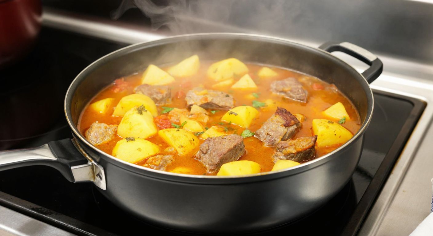 A steaming pot of meat and potato stew simmers on a stovetop in a Turkish kitchen, with golden-brown meat pieces, tender potatoes, and aromatic herbs visible through the rising steam.