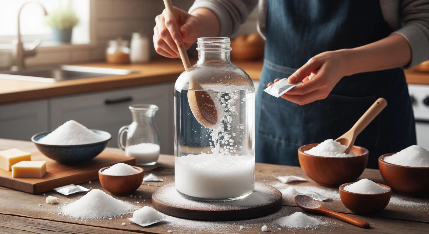 A Turkish home kitchen scene with a clear glass damacana filled with bubbling liquid, surrounded by scattered sugar, yeast packets, and a small bowl of citric acid, while a person’s hands carefully stir the mixture with a wooden spoon.
