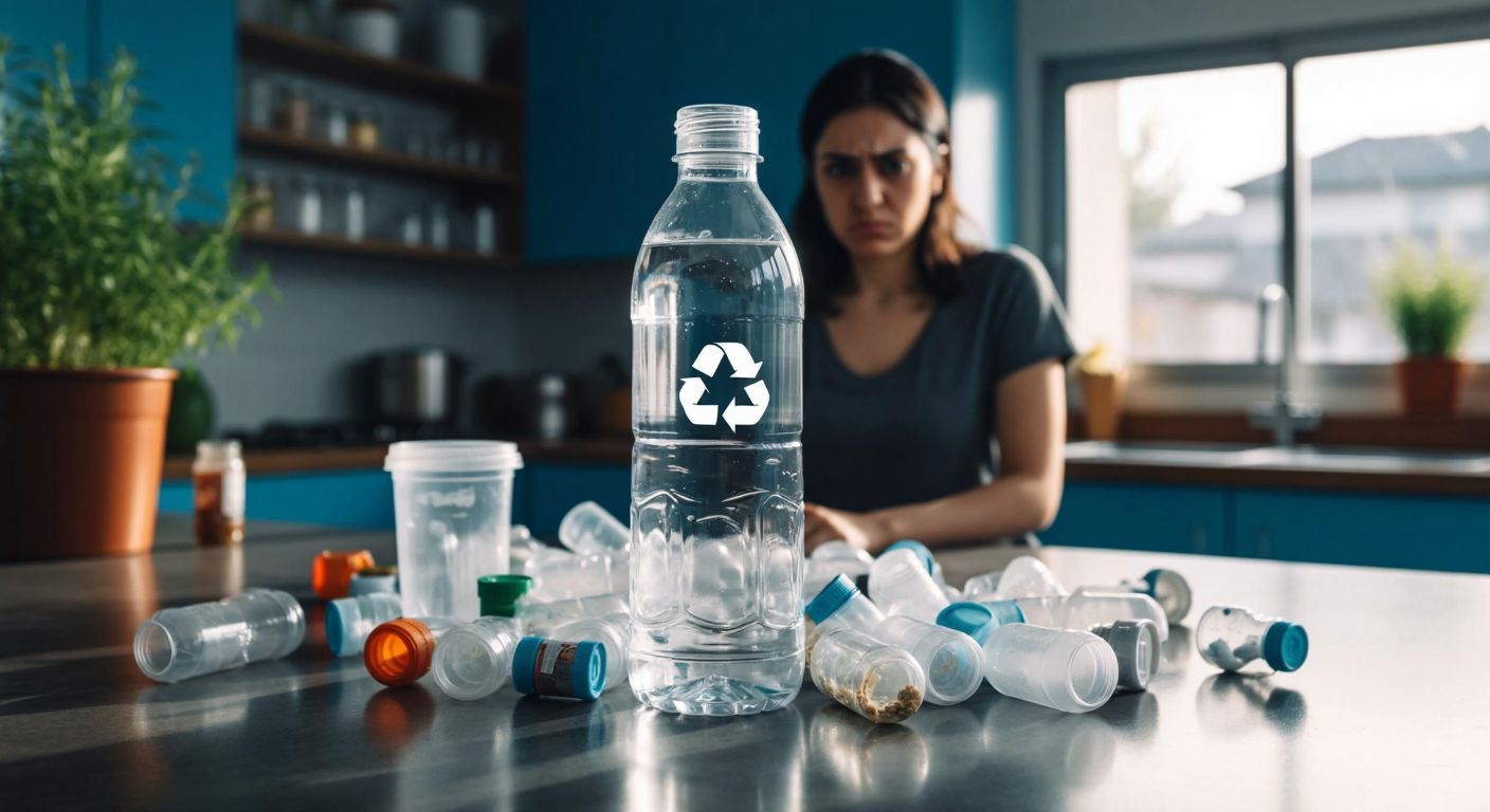 A close-up of a transparent plastic water bottle with a faint recycling symbol, surrounded by scattered plastic containers and a concerned Turkish woman in a kitchen setting, frowning at the bottle.