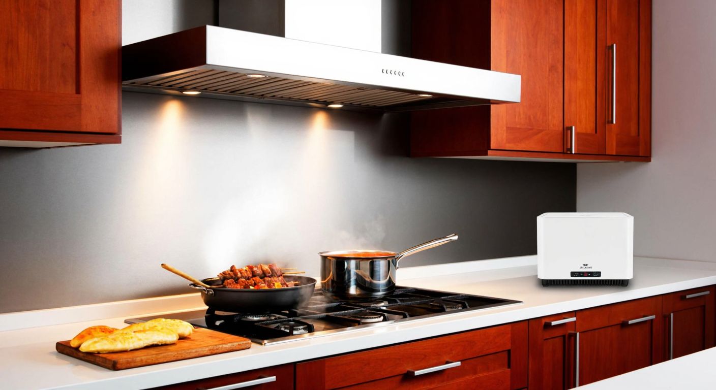 A modern Turkish kitchen with a stainless steel davlumbaz mounted above a sizzling pot of kebabs, while a compact white aspiratör hums under a wooden cabinet near a simmering pot of çorba.