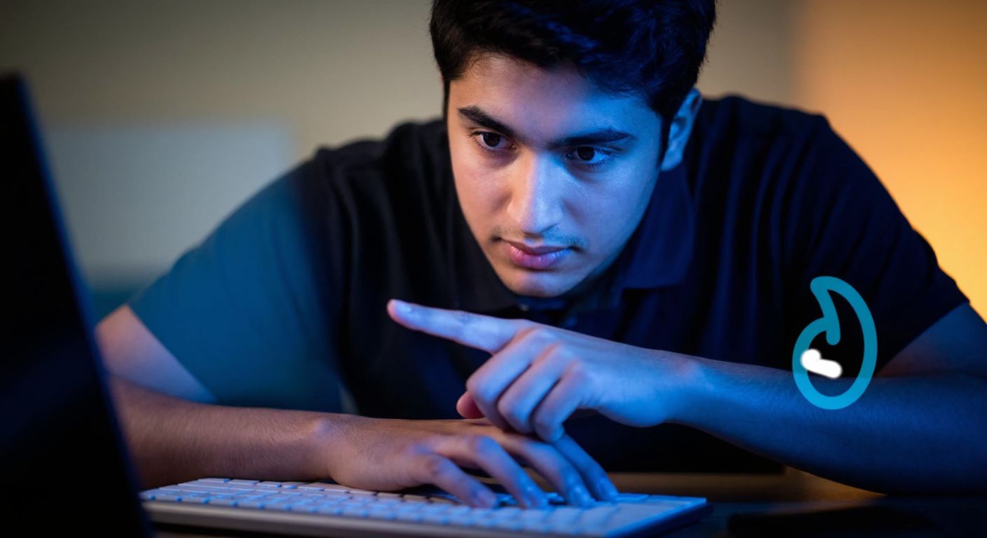 A person with focused eyes typing on a keyboard with one hand while pointing at the screen with the other, where a highlighted ® symbol appears.