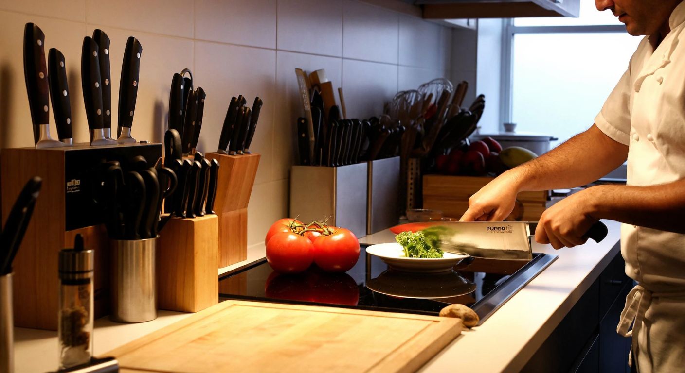 A well-lit Turkish kitchen counter displays a gleaming array of high-quality kitchen knives, including a traditional Sürmene Sürbisa blade and a modern Pirge knife, with a chef’s hand testing their sharpness on a ripe tomato.