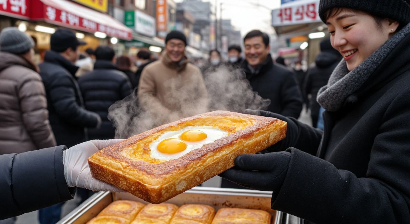 A bustling South Korean street vendor hands a golden-brown, rectangular **ppang ekmeği** with a cracked egg yolk spilling out, steam rising from its crispy crust, while customers in winter coats smile eagerly in the background.