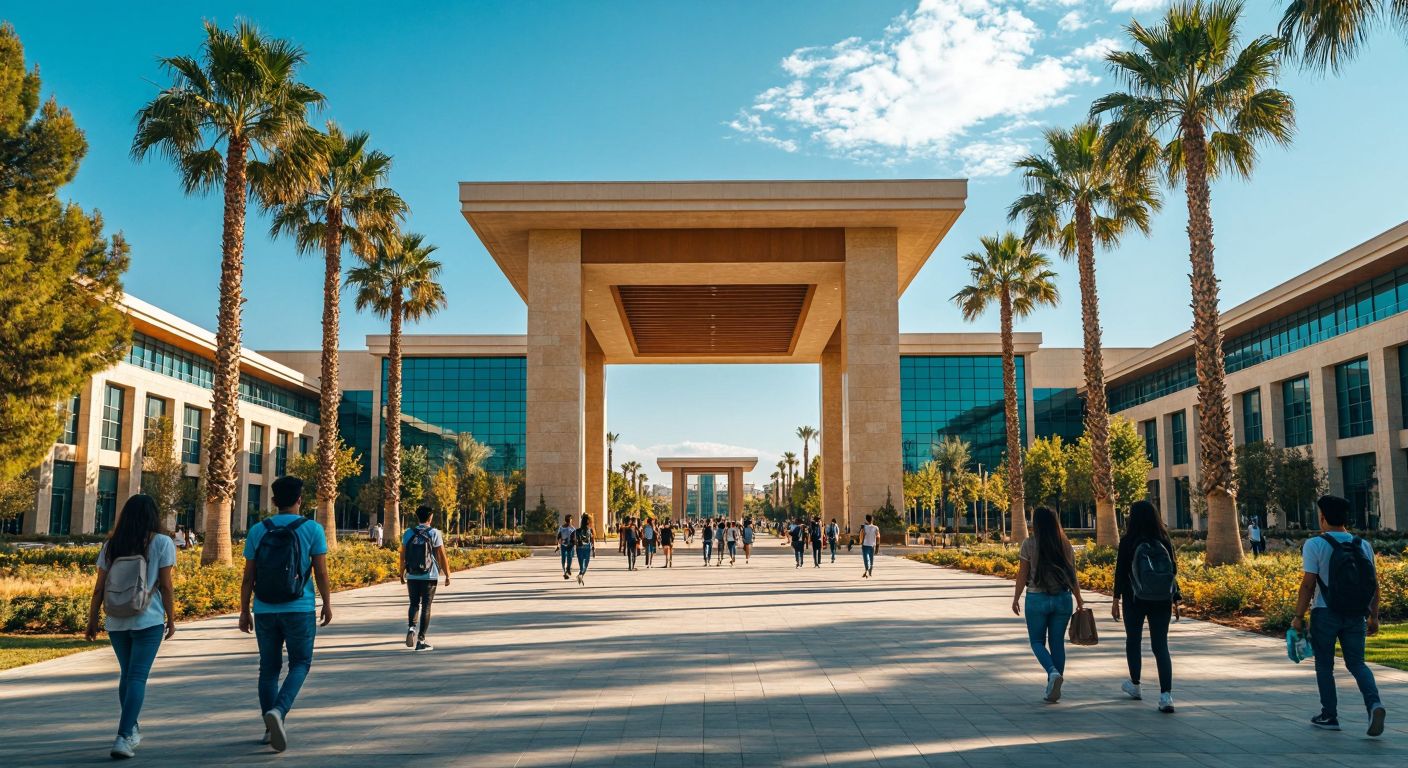 A modern university campus in Adana with a grand entrance sign (without text), surrounded by palm trees and students walking under the warm sun, reflecting pride and academic energy.