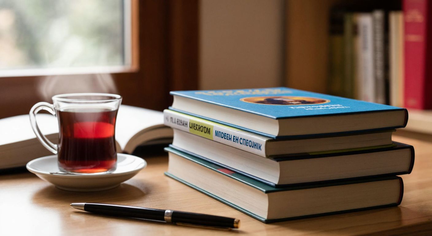 A stack of three Turkish middle school history textbooks with varying thicknesses sits on a wooden desk beside a steaming cup of çay, with a notebook and pen nearby.