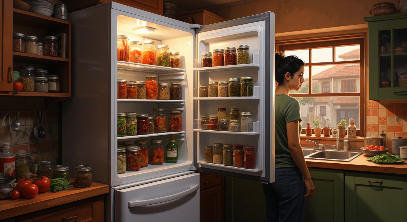 A slightly tilted, vibrating refrigerator in a Turkish kitchen, with jars rattling on uneven shelves and a faint hum from the motor, while a person nearby frowns in mild annoyance.