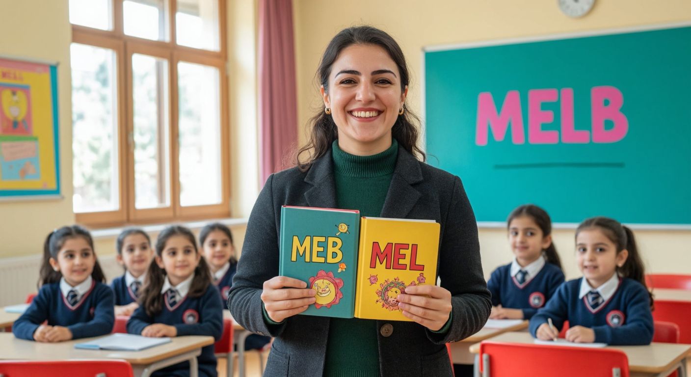 A cheerful Turkish elementary school teacher in a bright classroom holds up two colorful textbooks—one labeled "MEB" and the other "İlke"—while curious third-grade students in uniforms lean forward with interest.