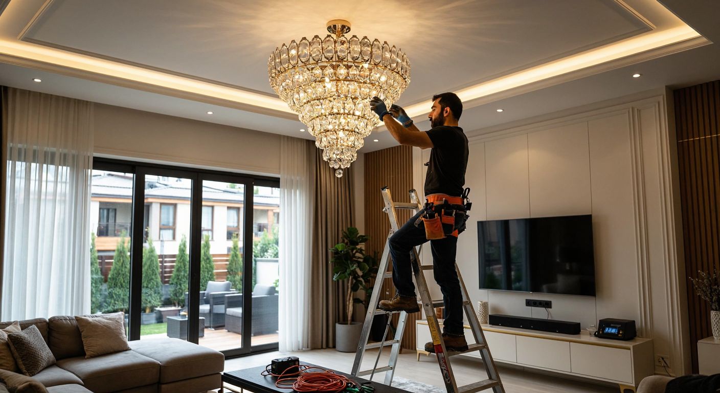 A Turkish handyman in a well-lit living room carefully attaches sparkling crystal stones to an LED chandelier while standing on a sturdy ladder, with tools and electrical wires neatly arranged nearby.