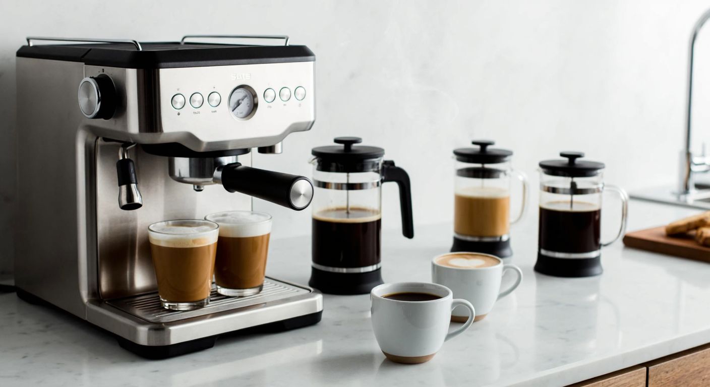 A sleek Sage coffee machine sits on a marble countertop, surrounded by freshly brewed cups of espresso, cappuccino, and latte, with steam rising from the dark, aromatic liquids.