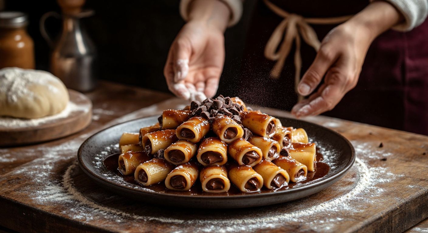A warm, golden-brown plate of chocolate-filled pasta drizzled with a glossy cinnamon-apple sauce, resting on a rustic wooden table in a Turkish kitchen, with flour-dusted hands shaping fresh dough nearby.
