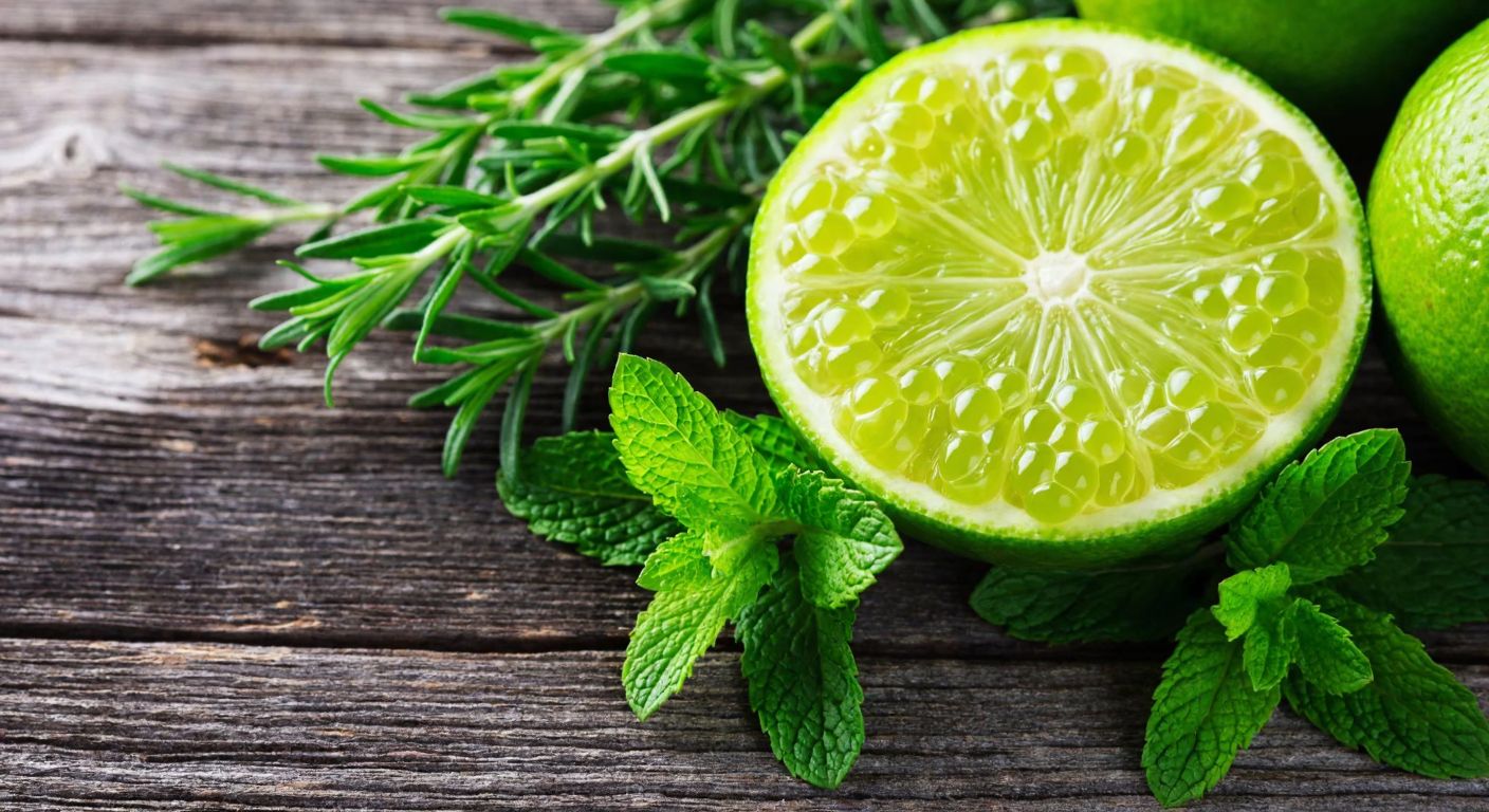 A close-up of vibrant green caviar lime pearls bursting with juice, resting on a rustic wooden table beside fresh mint and rosemary sprigs, evoking a tangy, herbal aroma.