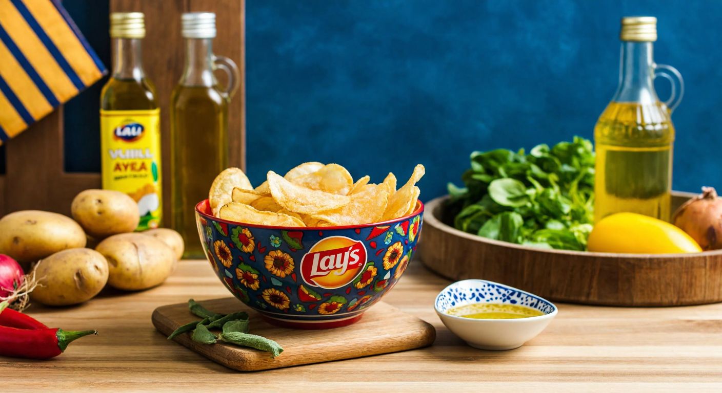 A colorful bowl of Lay's salt and vinegar chips sits on a wooden table in a Turkish home, surrounded by fresh potatoes, sunflower oil bottles, and a small dish of vinegar, evoking curiosity and appetite.