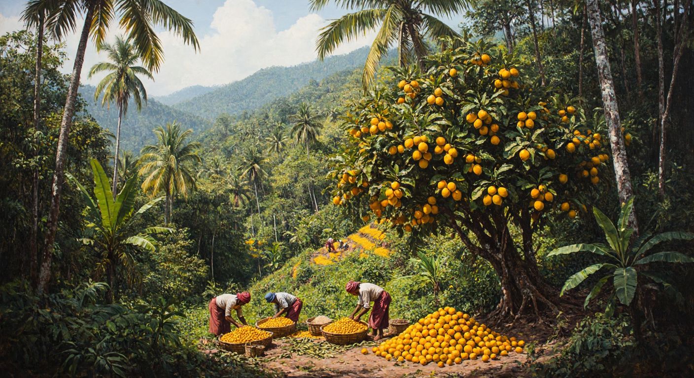 A lush tropical forest in Indonesia with a muskat tree bearing golden-yellow fruits, surrounded by workers carefully harvesting and processing the fragrant spice under the warm sun.