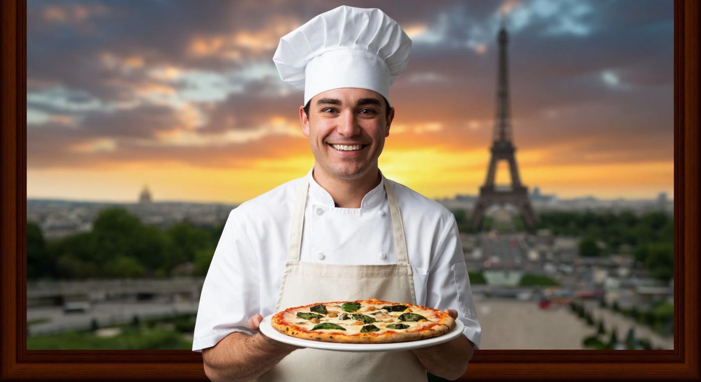 A cheerful French chef in a white hat and apron proudly holding a freshly baked pizza with the Eiffel Tower faintly visible in the background.