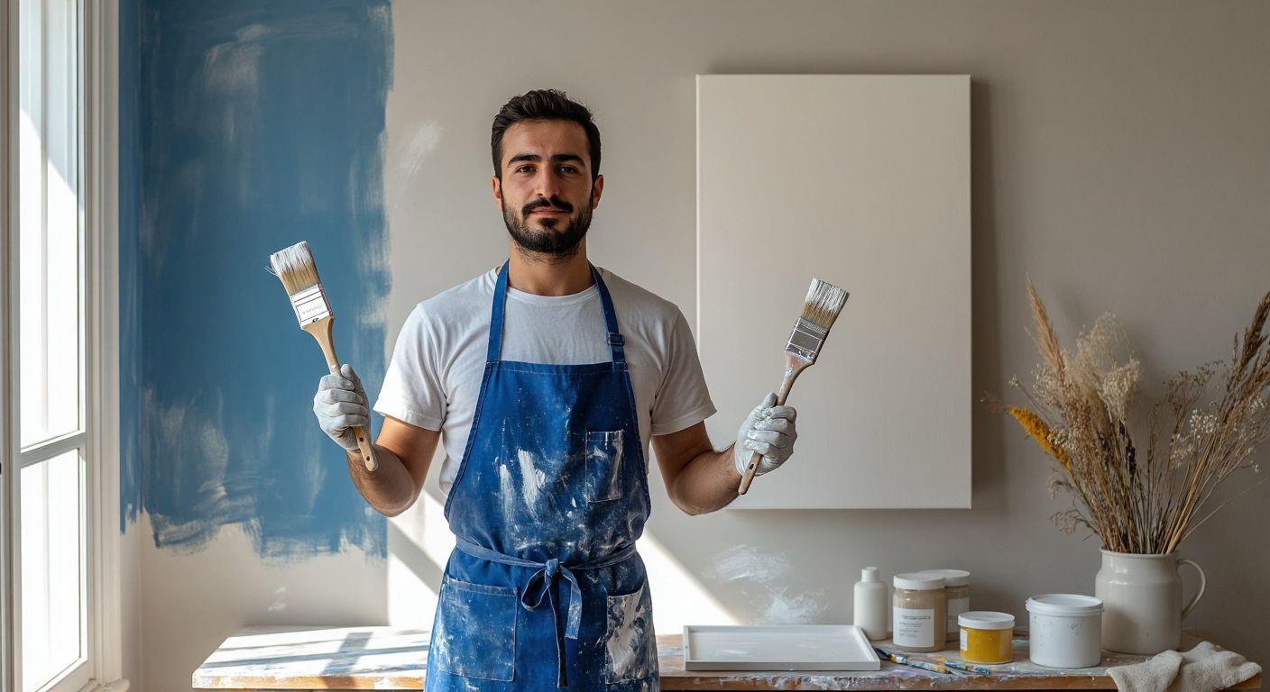 A Turkish painter in a blue apron stands in a sunlit room, holding two paintbrushes—one dipped in matte white paint and the other in semi-gloss—while comparing their finishes on a freshly painted wall.