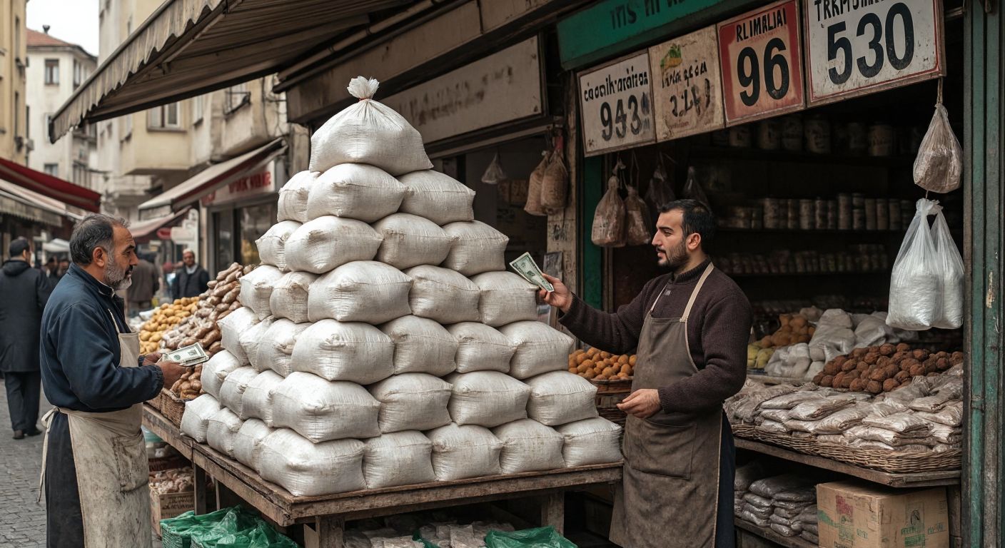A weathered Turkish market stall displays a pyramid of sugar sacks under a faded price tag, with a vendor in a traditional apron gesturing to a customer holding old banknotes.