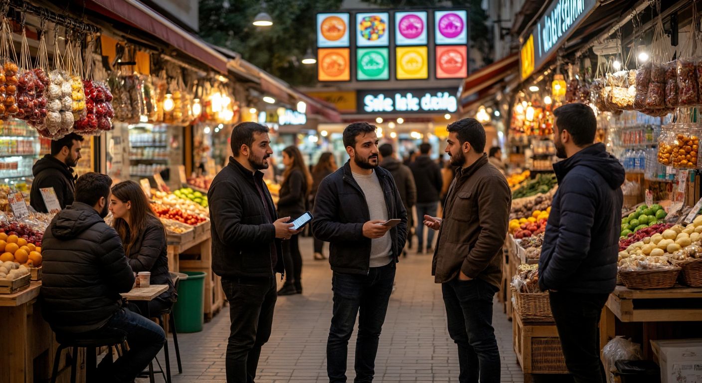 A bustling Turkish marketplace with small and medium-sized business owners discussing digital strategies, while colorful e-commerce product displays glow in the background.