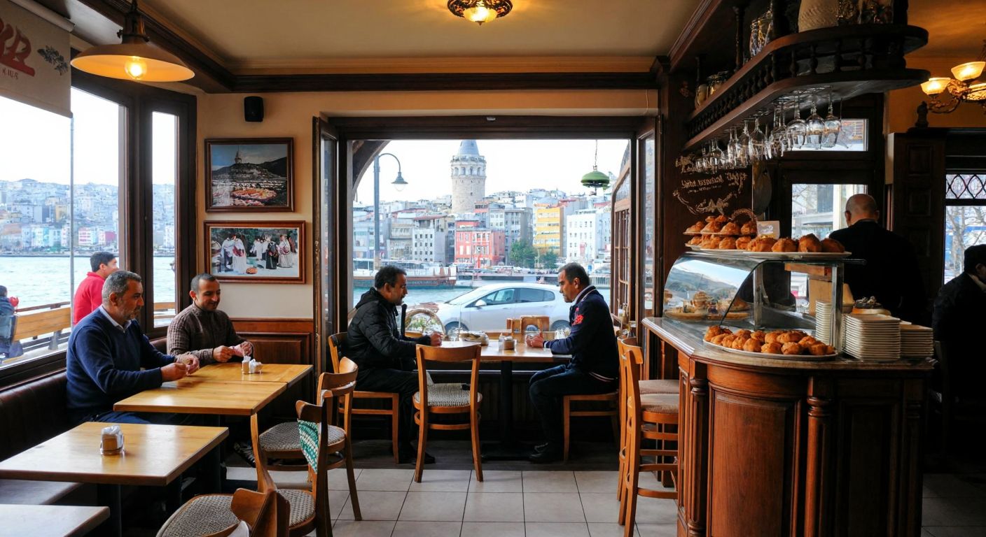 A cozy café with warm wooden furniture and traditional Turkish pastries on display, nestled near the iconic Galata Tower, with a smiling middle-aged man (resembling Erol Aki) and his children warmly serving customers.
