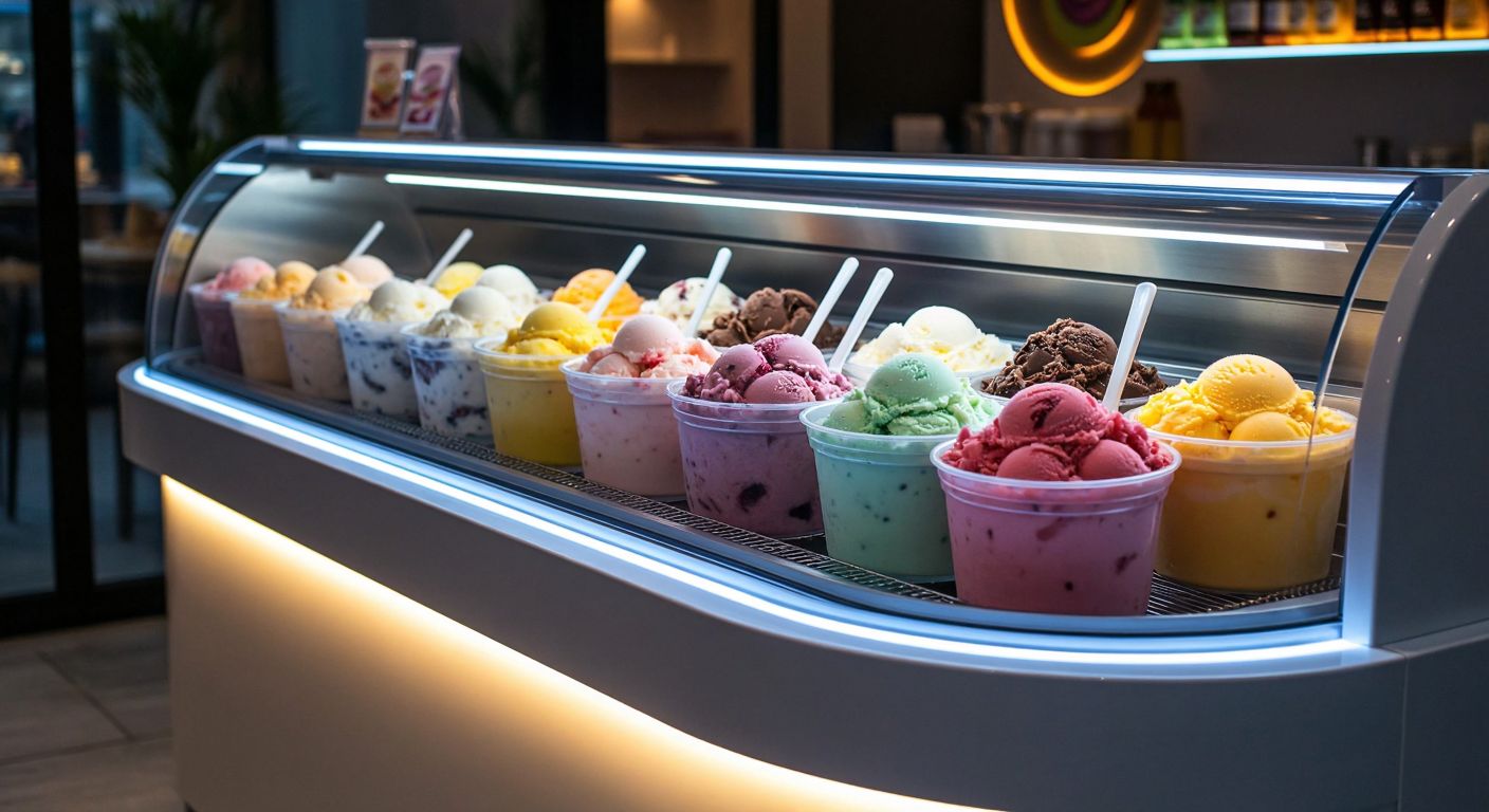 A sleek, curved-glass refrigerator filled with colorful ice cream tubs and frosty beverages, glowing softly under integrated lighting in a bustling Turkish ice cream shop.