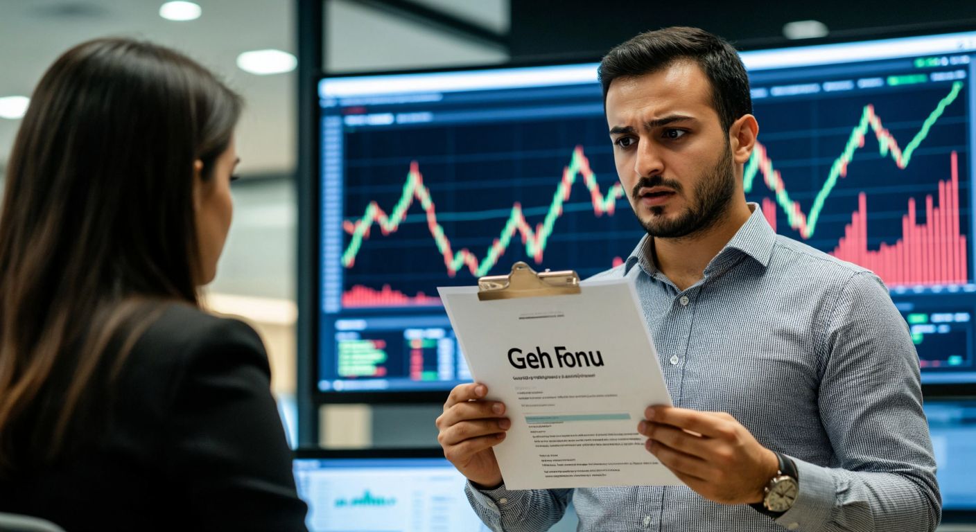 A concerned Turkish investor in a modern office setting, holding a document labeled "GEH Fonu" while looking at a fluctuating stock market graph on a computer screen, with a financial advisor gesturing caution nearby.  

(Note: The description avoids explicit text by implying the document's content contextually and excludes prohibited elements like UI details or timestamps.)