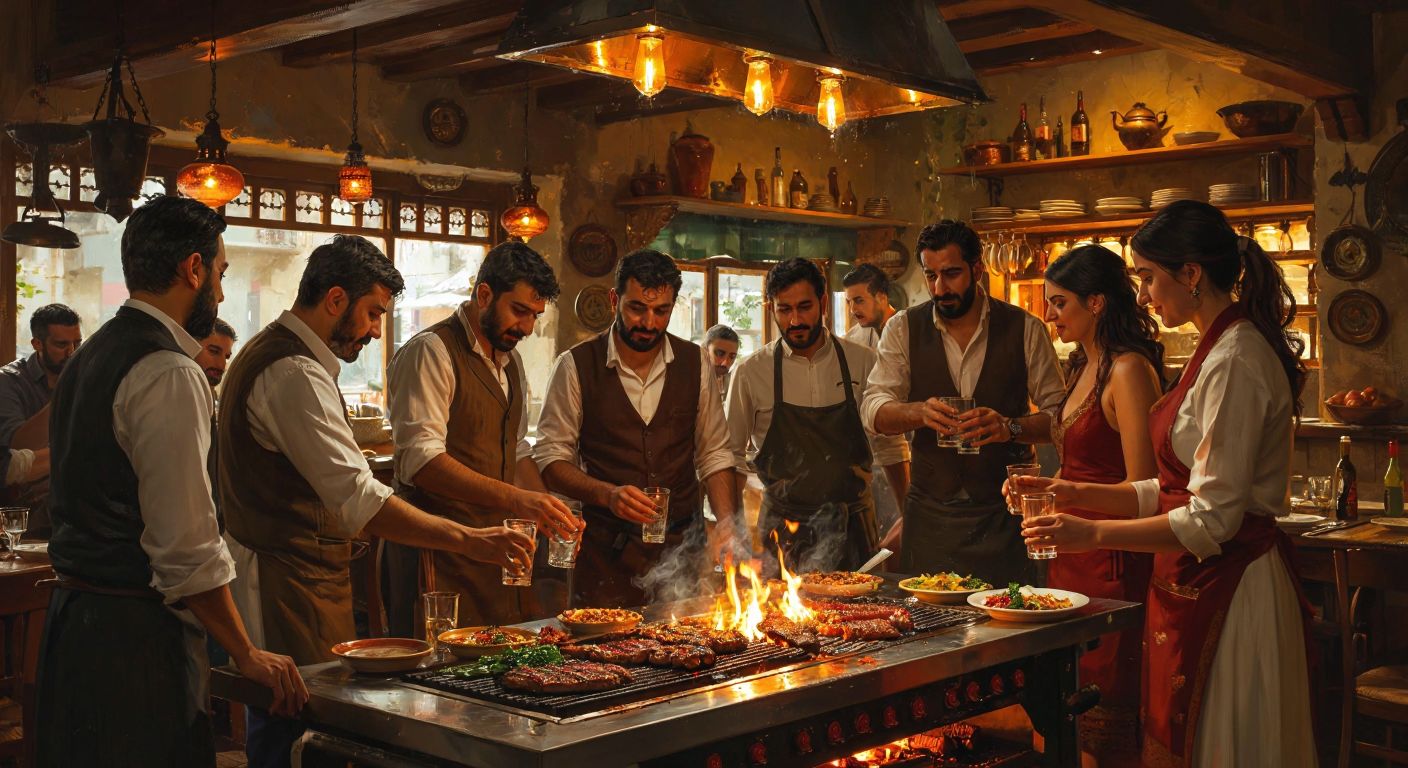 A cozy, warmly lit traditional Turkish ocakbaşı restaurant with a group of people gathered around a sizzling grill, their faces showing disappointment as they hold empty glasses, while the waiter shakes his head apologetically.