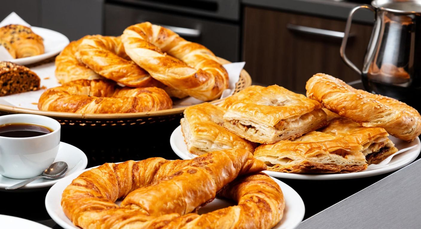 A vibrant Turkish bakery display with golden-brown simit, flaky börek, syrup-drizzled baklava, and a steaming cup of Turkish coffee on a wooden counter.