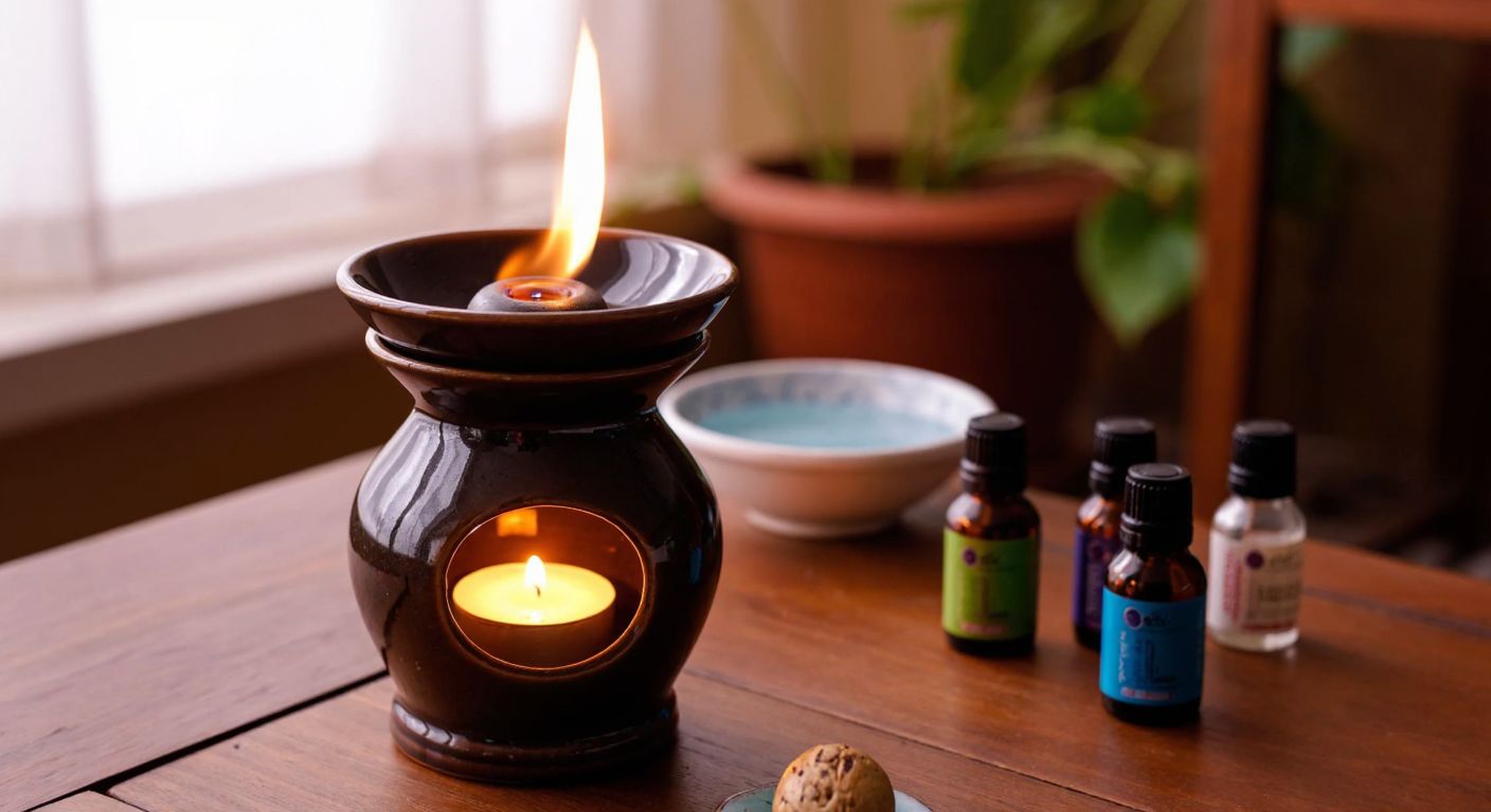 A traditional Turkish ceramic wax burner with a flickering flame sits on a wooden table, surrounded by small bottles of fragrant oils and a bowl of water, evoking a cozy, aromatic atmosphere.