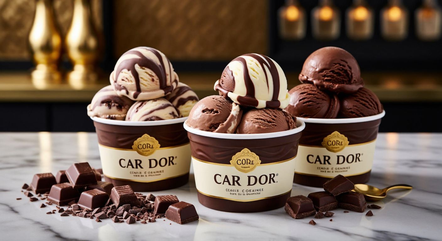 A vibrant display of three Carte d’Or chocolate ice cream tubs—one with swirls of white, dark, and milk chocolate, another with rich chocolate chunks, and the last topped with delicate pastry flakes—arranged on a marble counter in a cozy Turkish kitchen, evoking indulgence and delight.