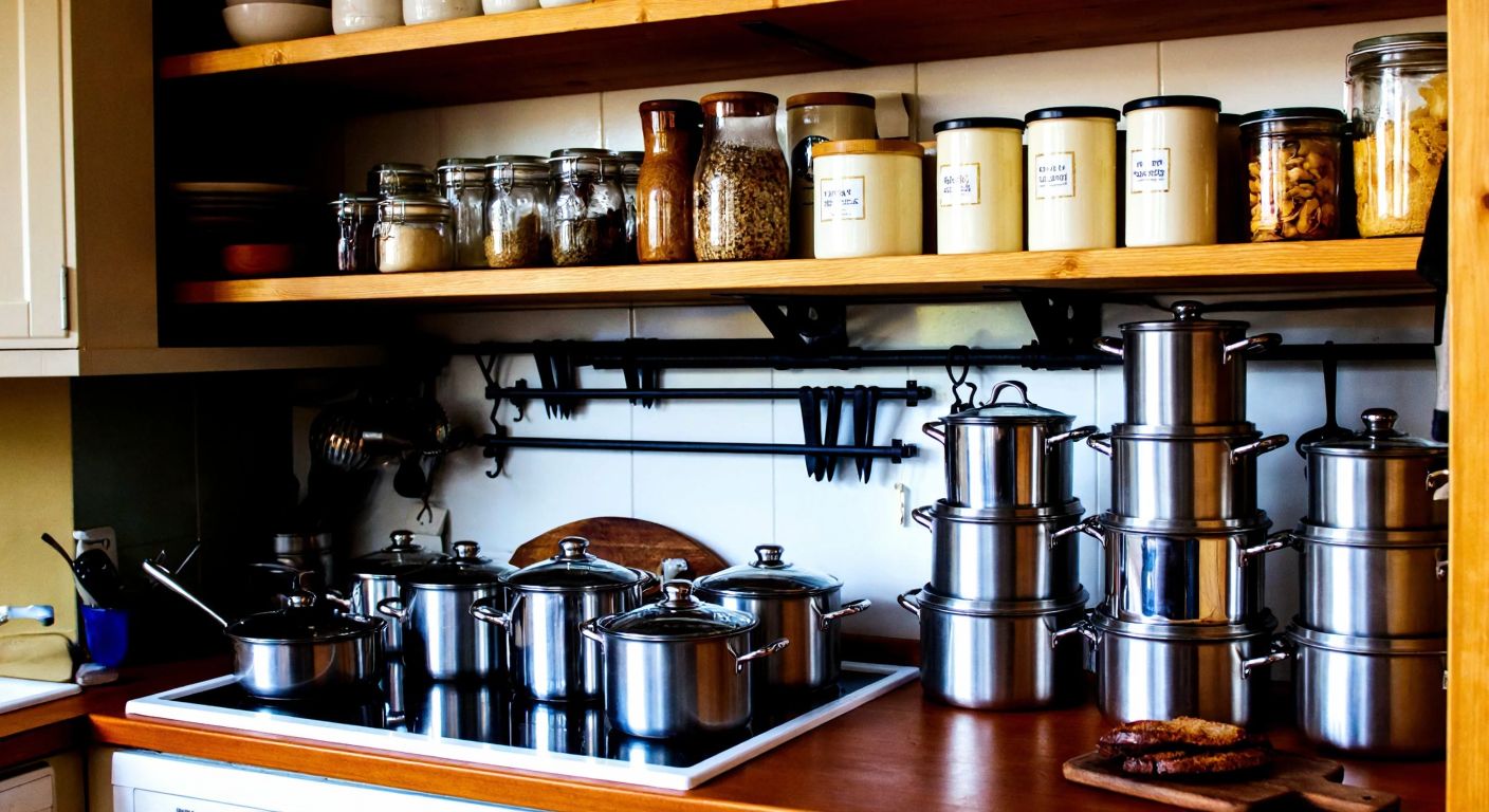 A well-lit kitchen in a Turkish home, featuring gleaming metal pots, glass jars with shiny lids, and neatly stacked storage containers on wooden shelves, evoking a sense of organization and quality craftsmanship.