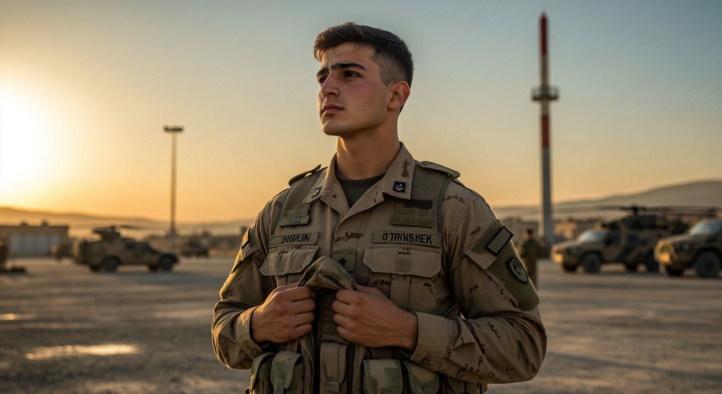 A young Turkish soldier in uniform stands at attention in a sunlit military base, holding both a short-sleeved and long-sleeved shirt in his hands, looking thoughtful as he gazes at the horizon.