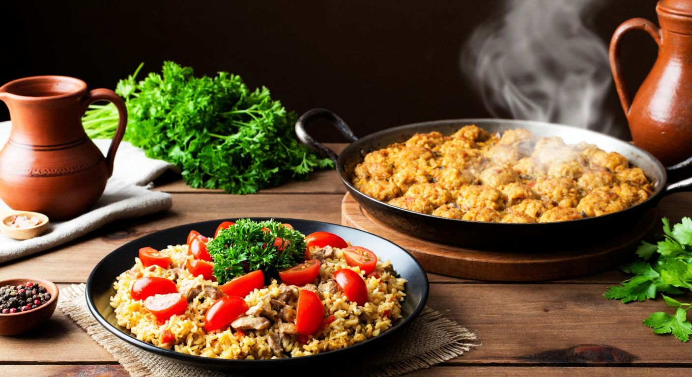 A rustic Turkish kitchen with a wooden table displaying a sizzling pan of golden-brown brain kavurma, a vibrant salad of tomatoes and parsley, and a steaming plate of brain pilaf, surrounded by fresh herbs and a clay pitcher.