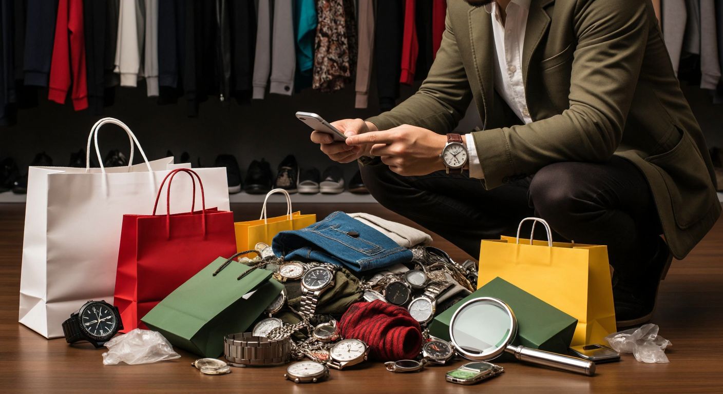 A person in Turkey skeptically examining a wristwatch in their hand while browsing a smartphone, surrounded by scattered shopping bags and a magnifying glass nearby.