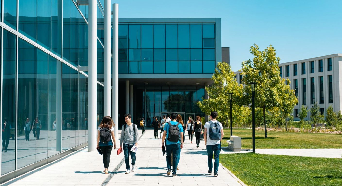 A modern university campus in Ankara with students walking past a sleek glass building under a bright blue sky, holding books and backpacks, exuding a sense of academic energy.