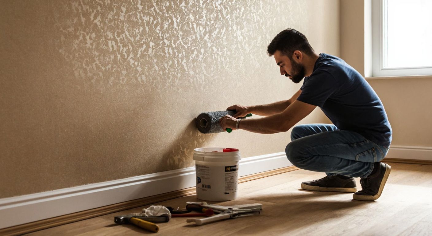 A focused Turkish man in a well-lit room carefully smoothing a large, patterned wallpaper onto a clean wall with a roller, while a bucket of adhesive and scissors sit nearby on a wooden floor.
