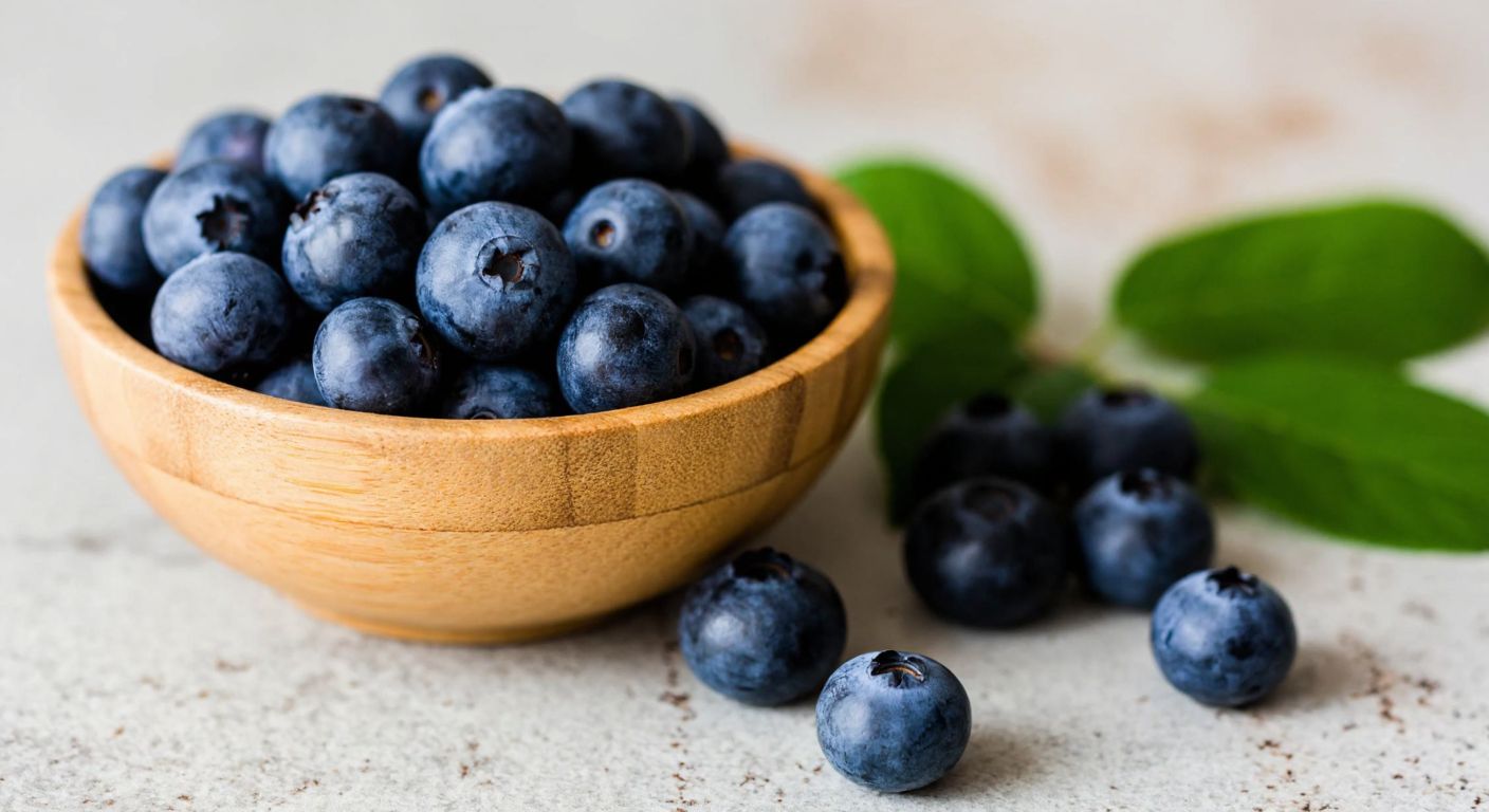 A small wooden bowl filled with fresh, dark blue wild blueberries resting on a rustic kitchen counter, with a few scattered berries beside it, evoking a natural and wholesome feel.