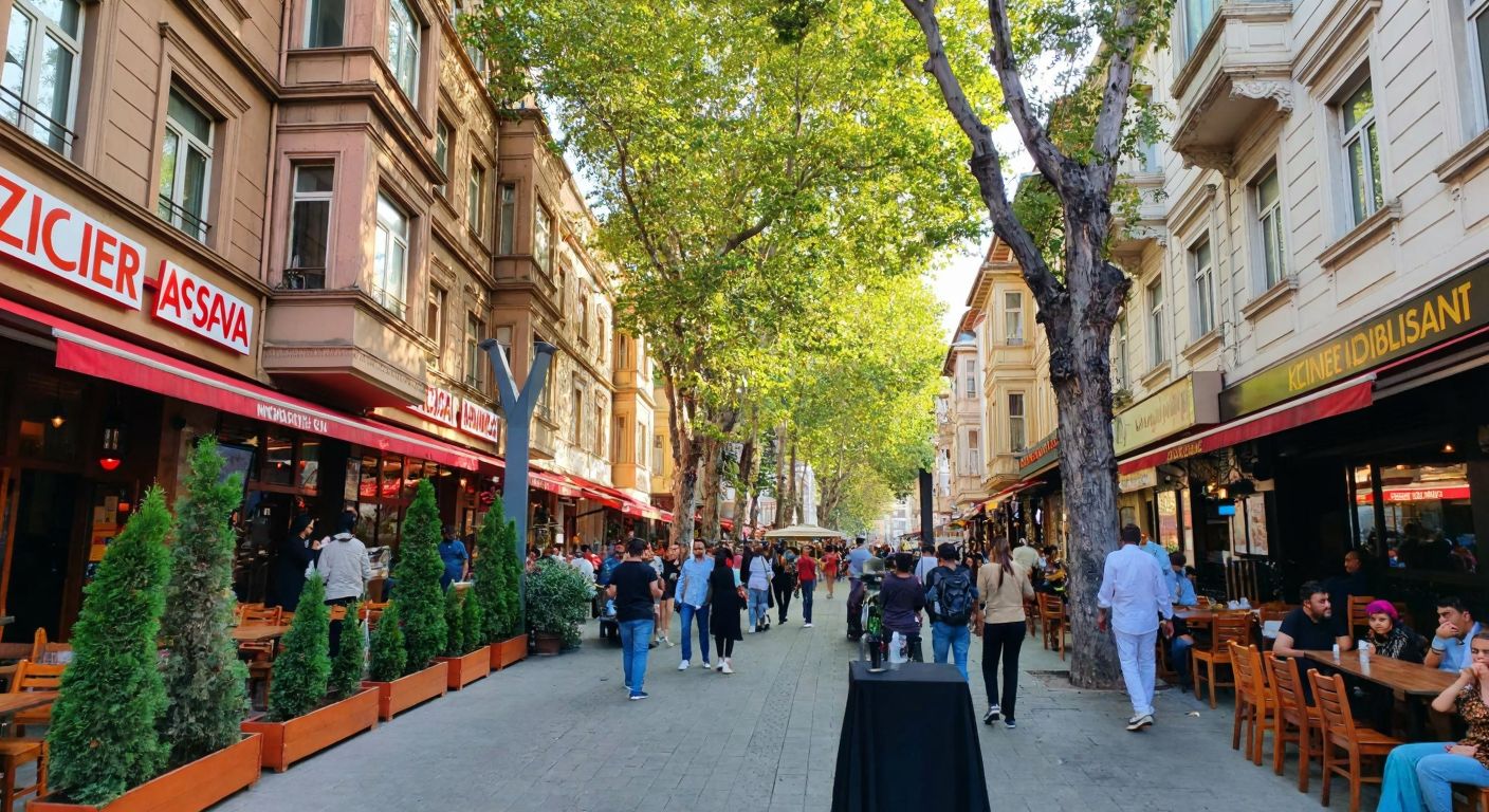 A bustling street in Küçükesat with a lively Aspava restaurant serving sizzling döner dürüm, surrounded by historic buildings and shaded by tall trees under a warm Ankara sky.